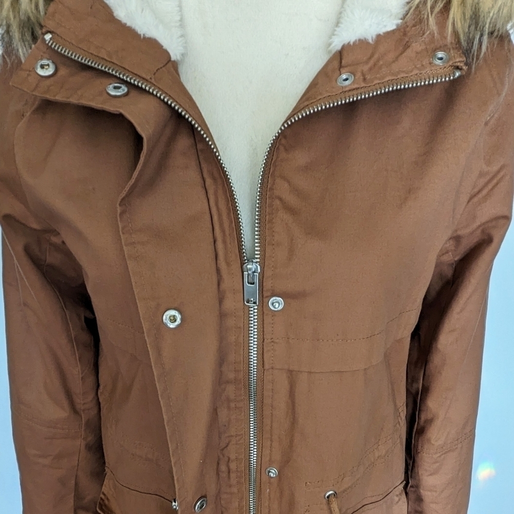 Love Tree Boutique Brown Faux Fur Trimmed Hood Sherpa Lined Jacket Coat Small - Picture 9 of 13